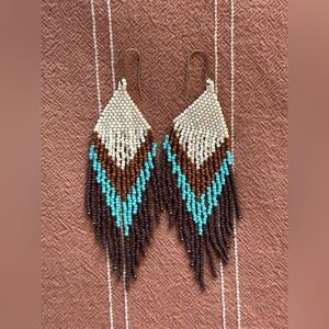 Handcrafted Seed Bead Fringe Earrings - Brown, Cream, and Turquoise